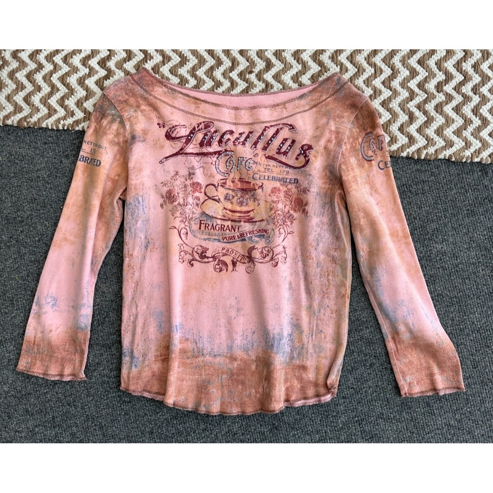 Vintage Y2K Graphic Top Womens‎ Small Parisian Cafe Cotton 3/4 Slv Cactus Style